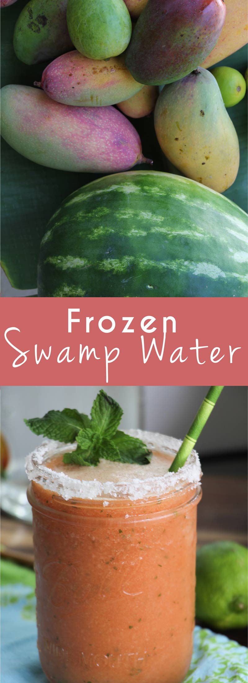 Frozen Swamp Water- a margarita slushy with watermelon, mango, and mint, served up in a salted mason jar