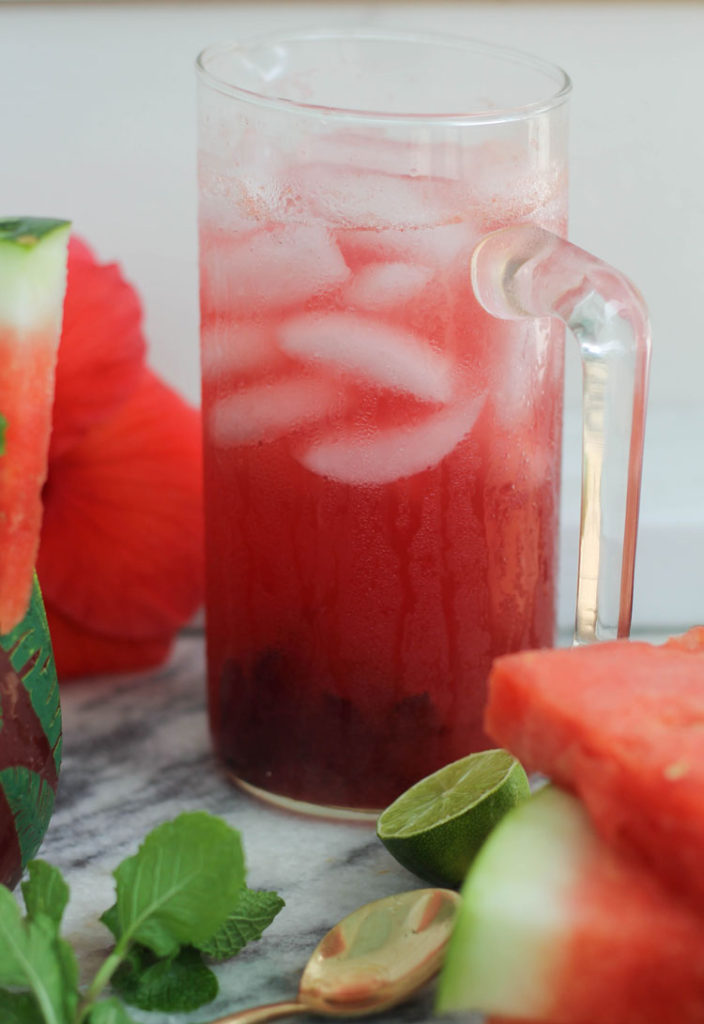 ice cold pitcher of hibiscus and watermelon